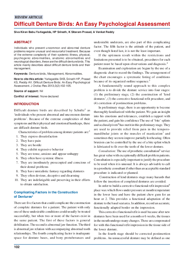 (PDF) Difficult Denture Birds: An Easy Psychological Assessment