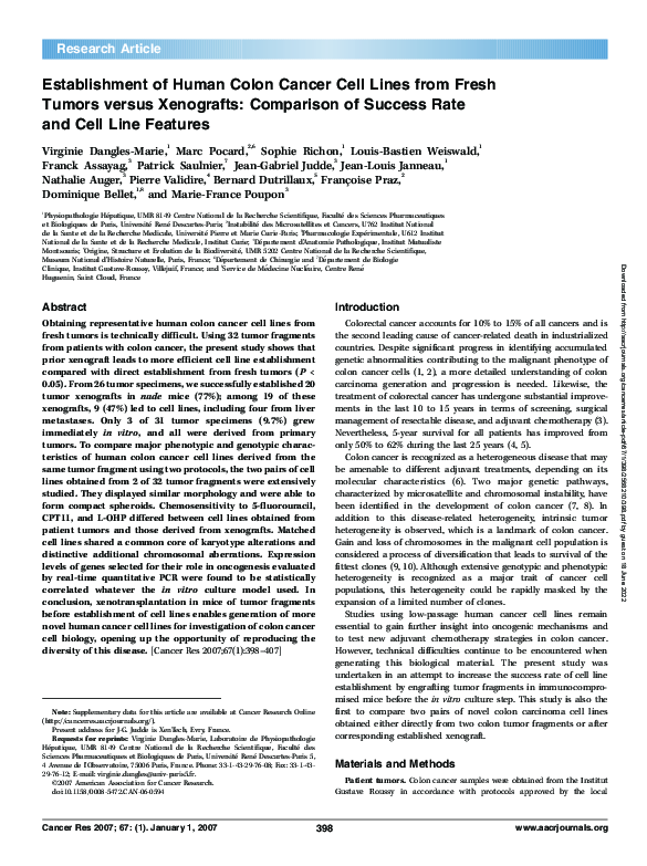 (PDF) Establishment of Human Colon Cancer Cell Lines from Fresh Tumors ...