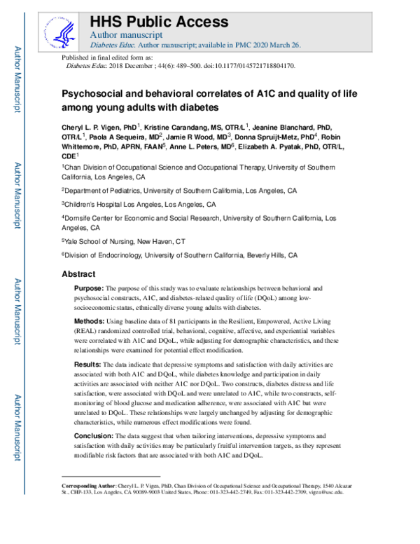 (PDF) Psychosocial and Behavioral Correlates of A1C and Quality of Life ...