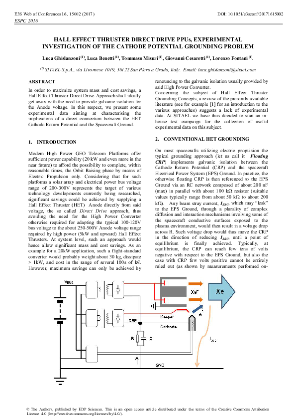 (PDF) Hall Effect Thruster Direct Drive PPUs, Experimental