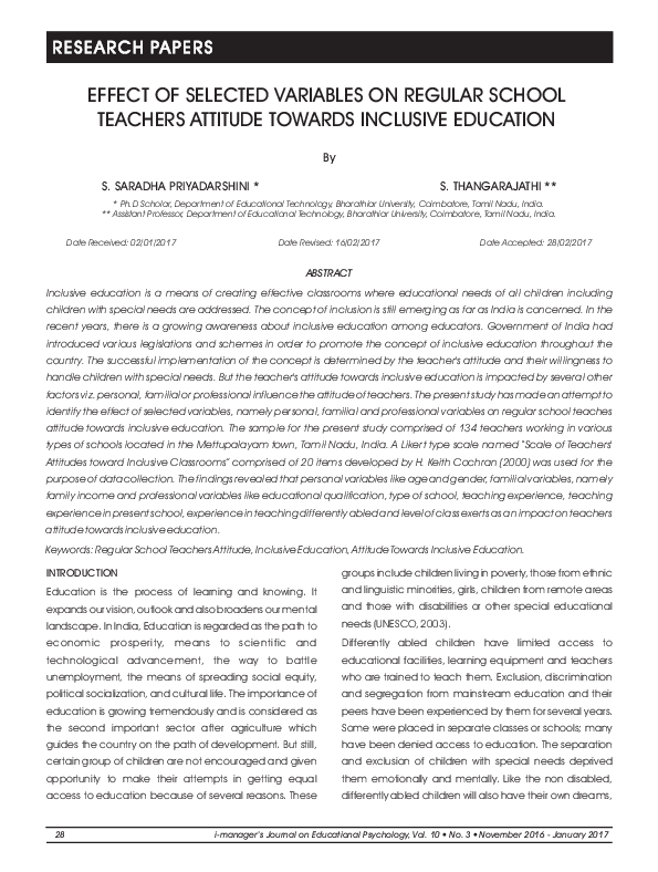 (PDF) Effect of Selected Variables on Regular School Teachers Attitude ...