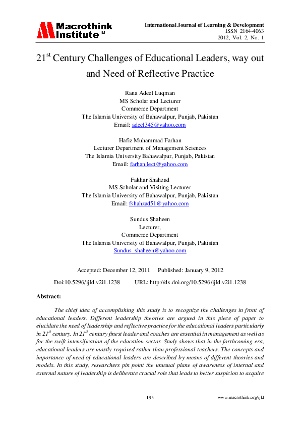 (PDF) 21st Century Challenges of Educational Leaders, way out and Need ...