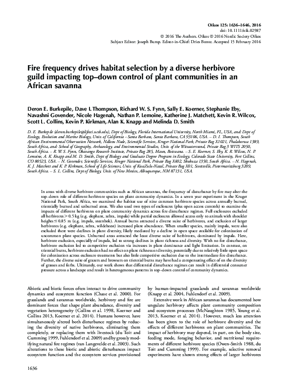 (PDF) Fire frequency drives habitat selection by a diverse herbivore ...
