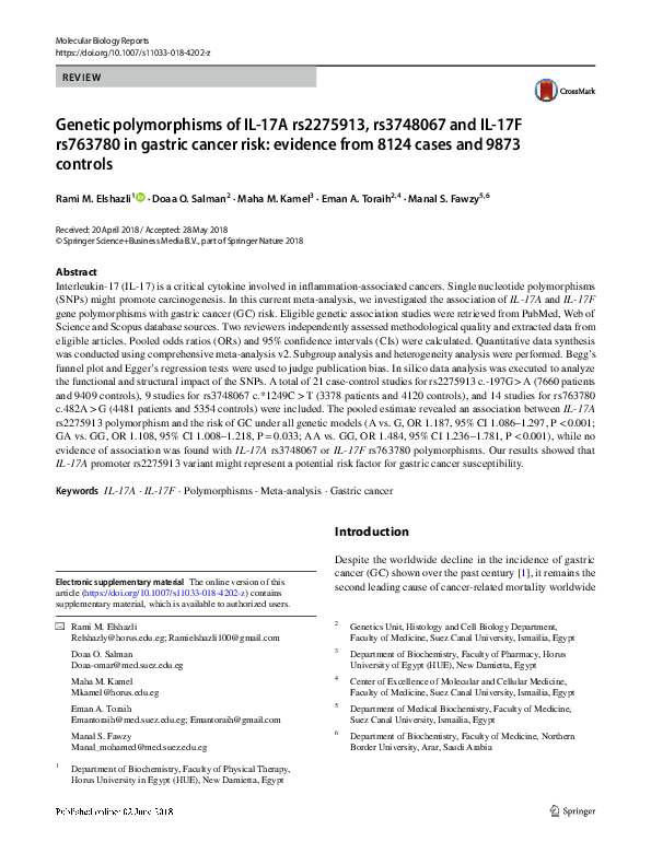 (PDF) Genetic polymorphisms of IL-17A rs2275913, rs3748067 and IL-17F ...