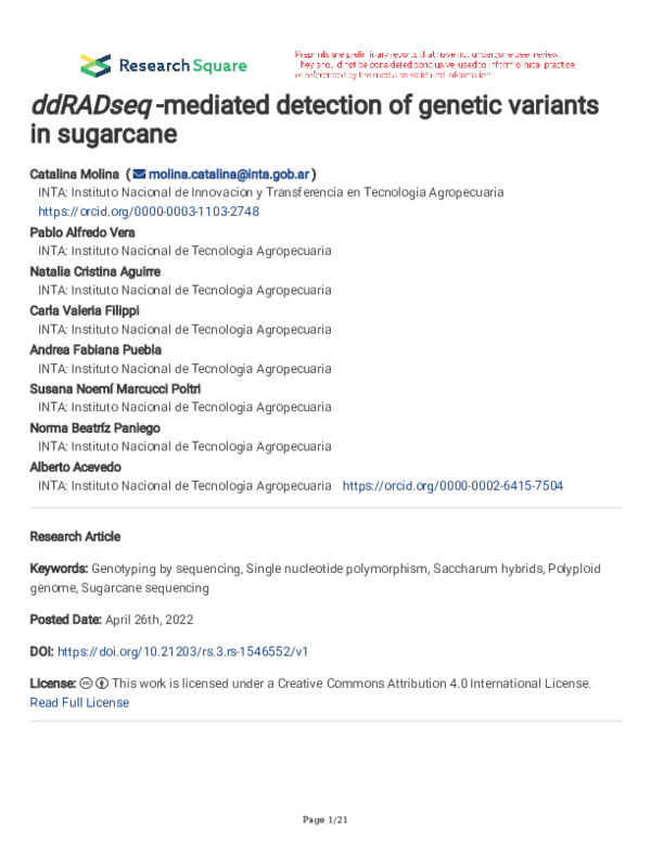 (PDF) ddRADseq -mediated detection of genetic variants in sugarcane