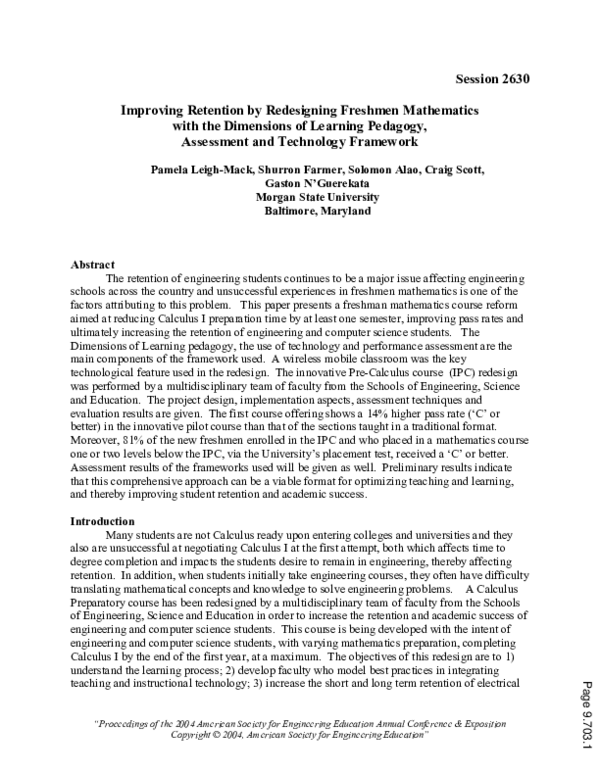 (PDF) Improving Retention By Redesigning Freshman Mathematics With The ...
