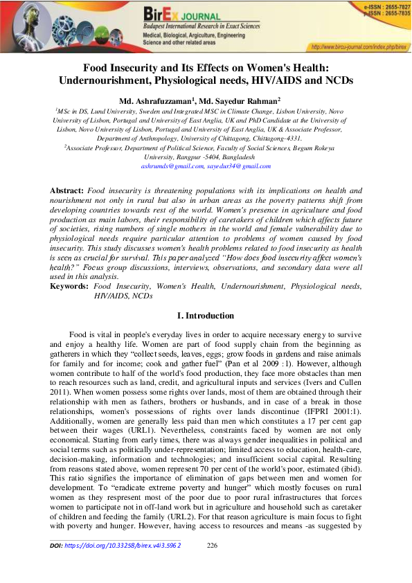 (PDF) Food Insecurity and Its Effects on Women's Health ...