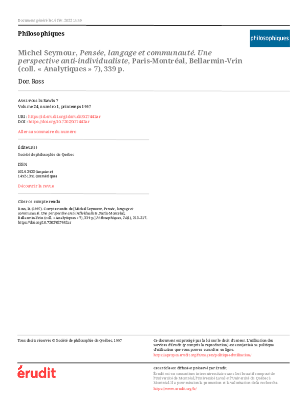 【中古】Pensee, Langage Et Communaute:Une Perspective Anti-individualiste (Analytiques)／Michel Seymour／Librairie Philosophique J Vrin PDF) Michel Seymour, Pensée, langage et communauté. Une