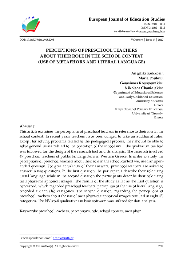 (PDF) Perceptions of Preschool Teachers About Their Role in the School ...