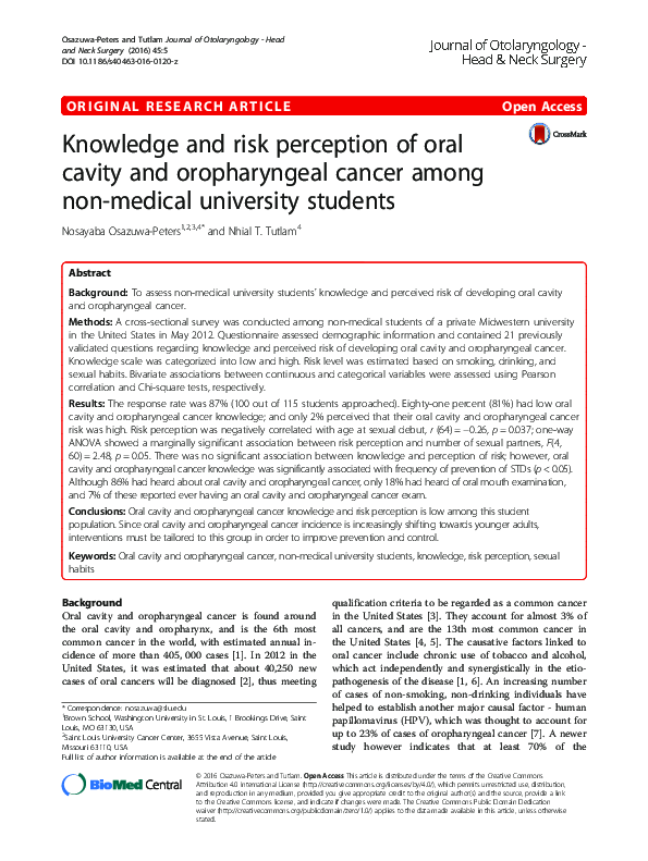 (PDF) Knowledge and risk perception of oral cavity and oropharyngeal ...