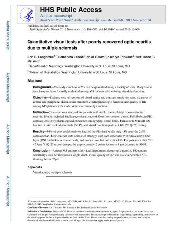 (PDF) Quantitative visual tests after poorly recovered optic neuritis ...