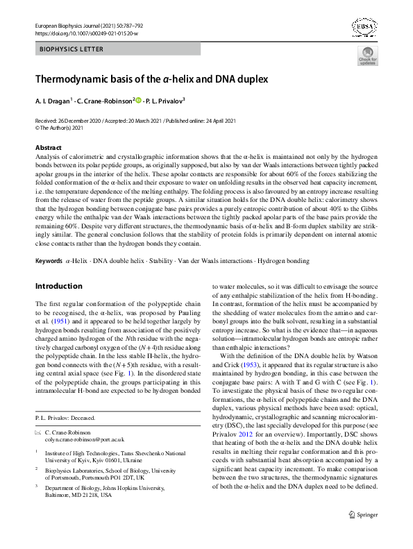 (PDF) Thermodynamic basis of the α-helix and DNA duplex