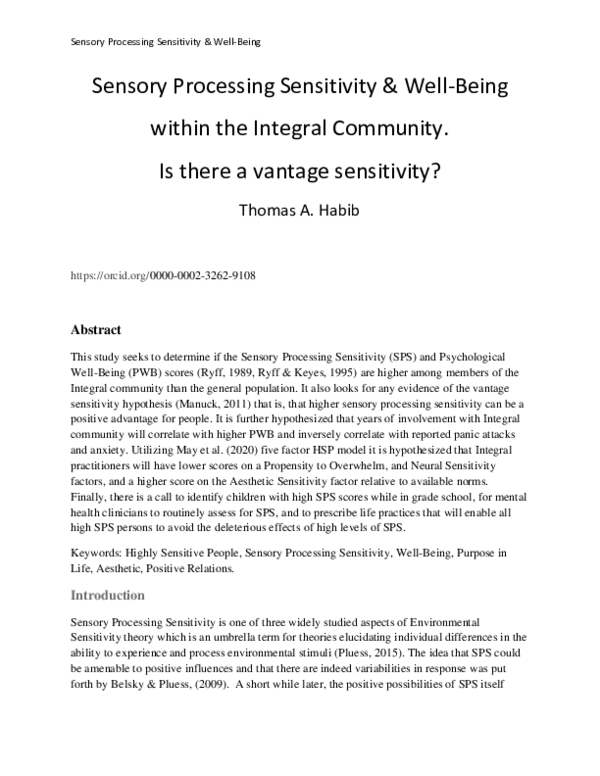 (PDF) Sensory Processing Sensitivity & Well-Being within the Integral ...