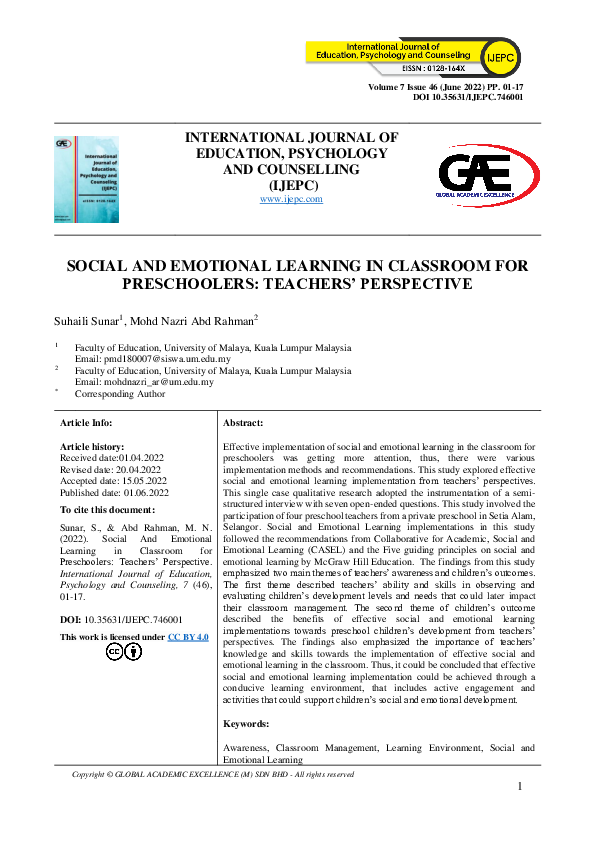 (PDF) Social and Emotional Learning in Classroom for Preschoolers ...