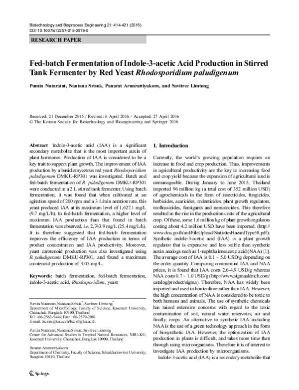 (PDF) Fed-batch fermentation of indole-3-acetic acid production in ...