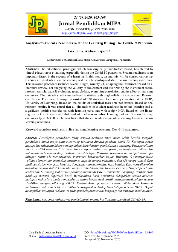 (PDF) Analysis of Students Readiness in Online Learning During The ...