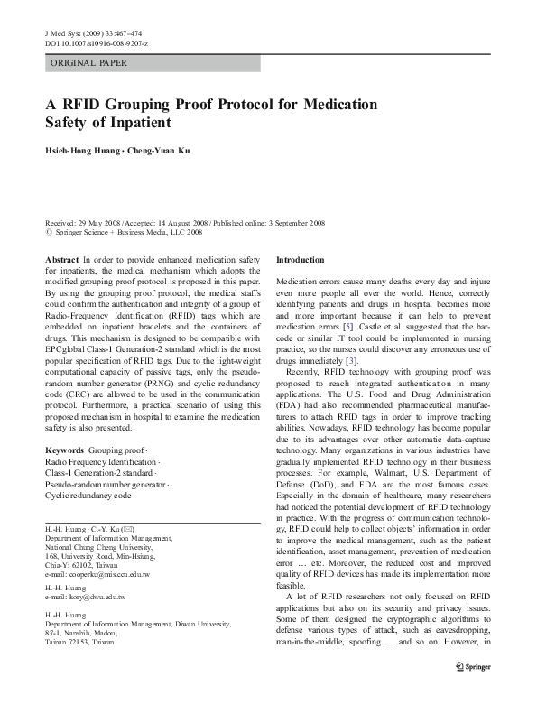 (PDF) A RFID Grouping Proof Protocol for Medication Safety of Inpatient
