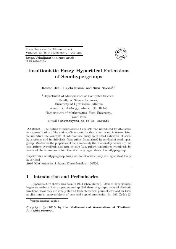 (PDF) Intuitionistic Fuzzy Hyperideal Extensions of Semihypergroups