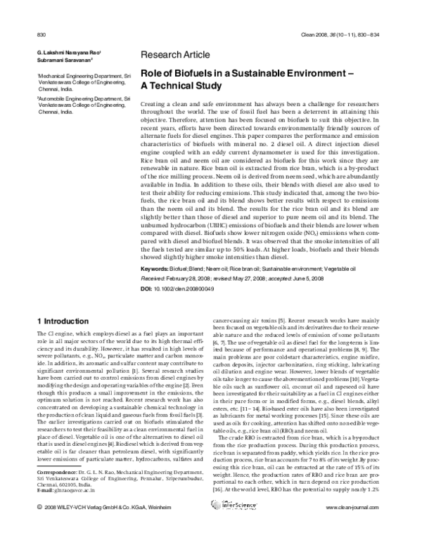 (PDF) Role of Biofuels in a Sustainable Environment - A Technical Study