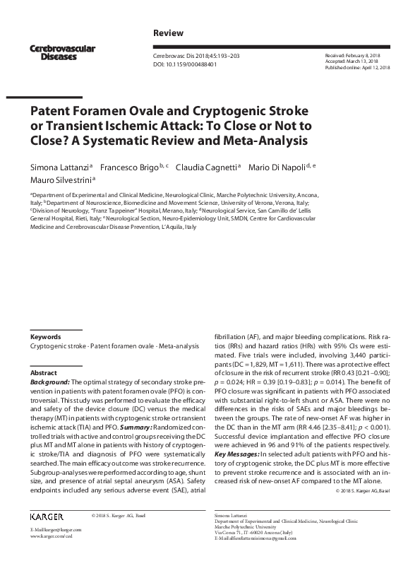 (PDF) Patent Foramen Ovale and Cryptogenic Stroke or Transient Ischemic ...