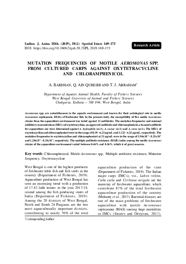 (PDF) Mutation frequencies of motile Aeromonas spp. from cultured carps ...