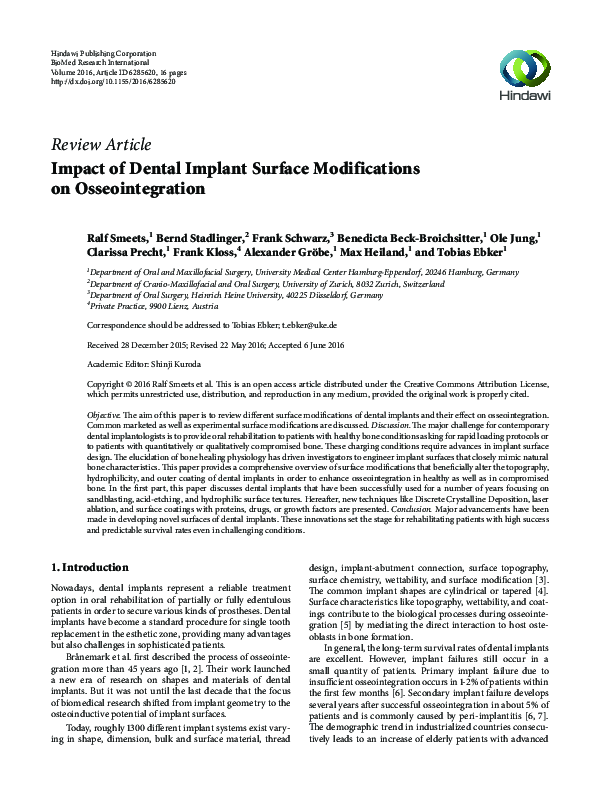 (PDF) Impact of Dental Implant Surface Modifications on Osseointegration