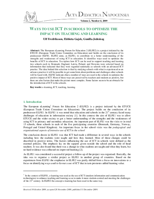 (PDF) Ways to Use Ict in Schools to Optimize the Impact on Teaching and ...