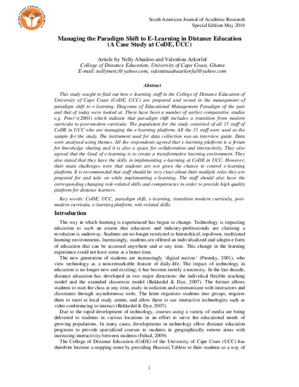 (PDF) Managing the Paradigm Shift to E-Learning in Distance Education ...