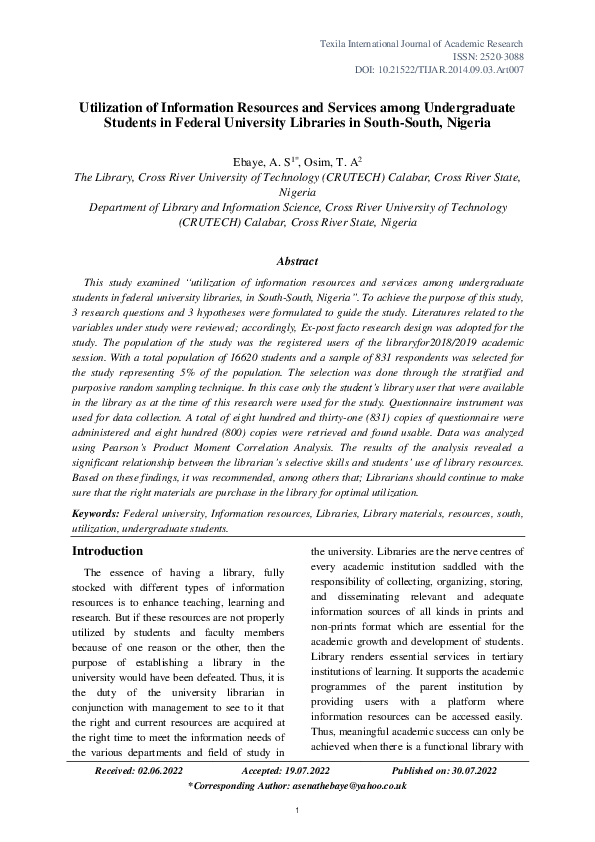 (PDF) Utilization of Information Resources and Services among ...