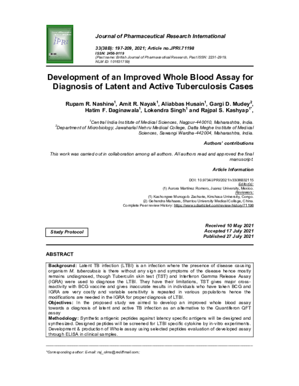 (PDF) Development of an Improved Whole Blood Assay for Diagnosis of ...