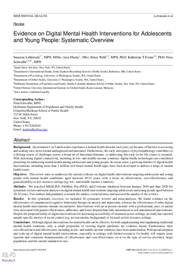 (PDF) Evidence on Digital Mental Health Interventions for Adolescents ...