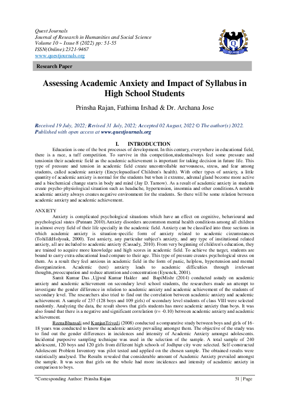 (PDF) Assessing Academic Anxiety and Impact of Syllabus in High School ...