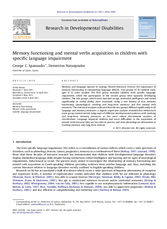 (PDF) Memory functioning and mental verbs acquisition in children with ...