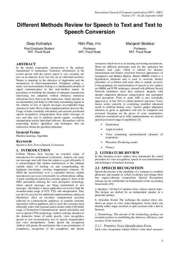 (PDF) Different Methods Review for Speech to Text and Text to Speech ...