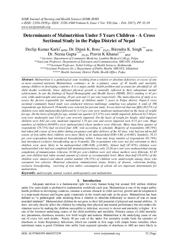 (PDF) Determinants of Malnutrition Under 5 Years Children - A Cross ...
