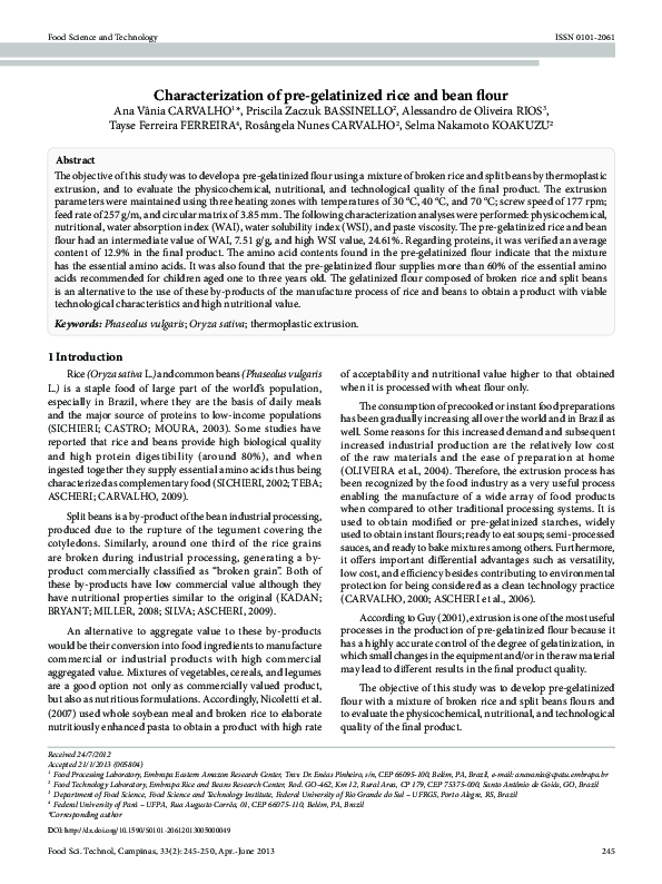 (PDF) Characterization of pre-gelatinized rice and bean flour