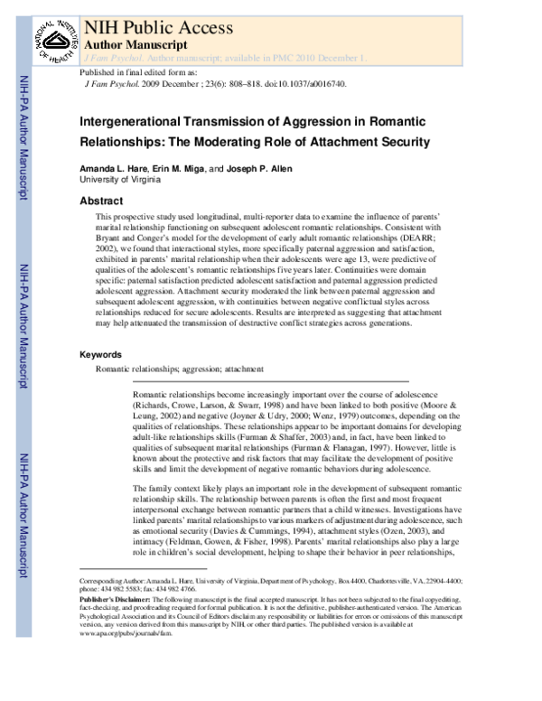 (PDF) Intergenerational transmission of aggression in romantic ...
