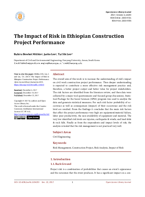 (PDF) The Impact of Risk in Ethiopian Construction Project Performance