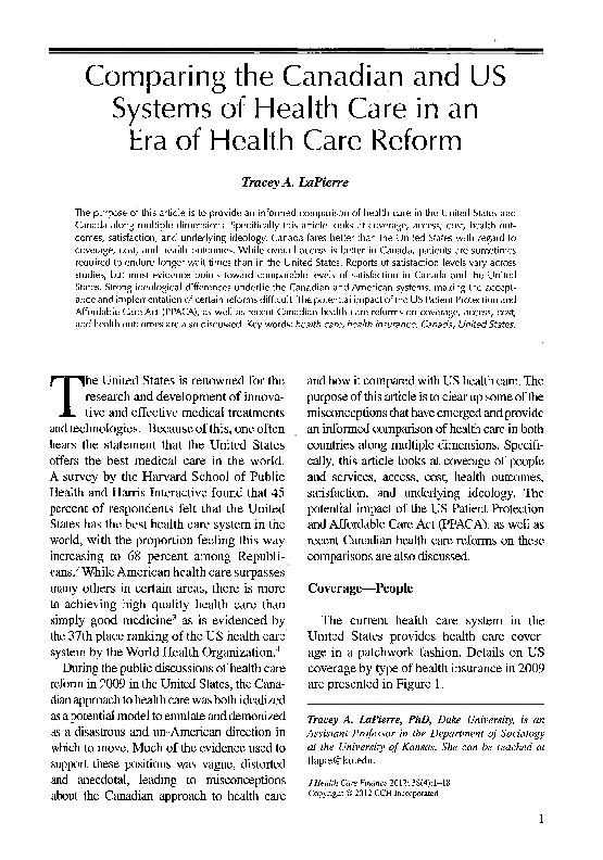 (PDF) Comparing the Canadian and US systems of health care in an era of ...