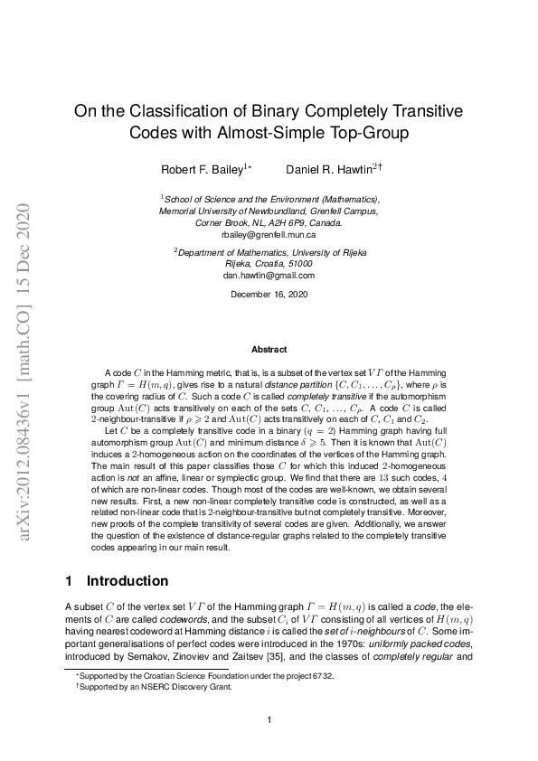 (PDF) On the Classification of Binary Completely Transitive Codes with ...