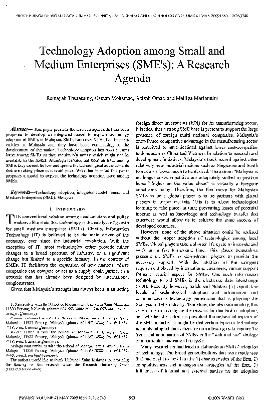 (PDF) Technology Adoption Among Small And Medium Enterprises (Sme'S): A ...
