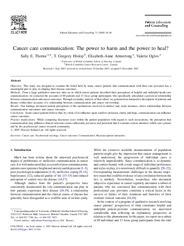 (PDF) Cancer care communication: The power to harm and the power to heal?