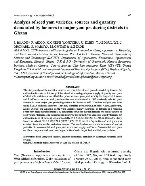 (PDF) Analysis of seed yam varieties, sources and quantity demanded by ...