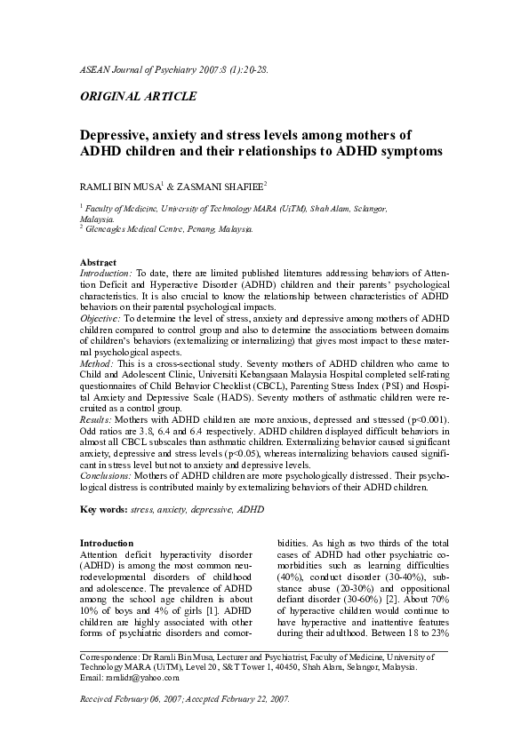 (PDF) Depressive, anxiety and stress levels among mothers of ADHD ...