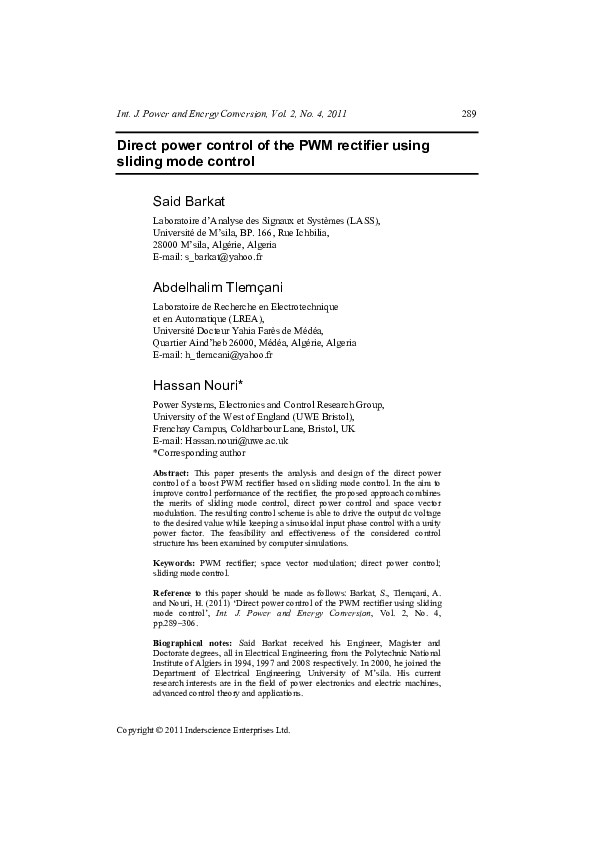 (PDF) Direct power control of the PWM rectifier using sliding mode control