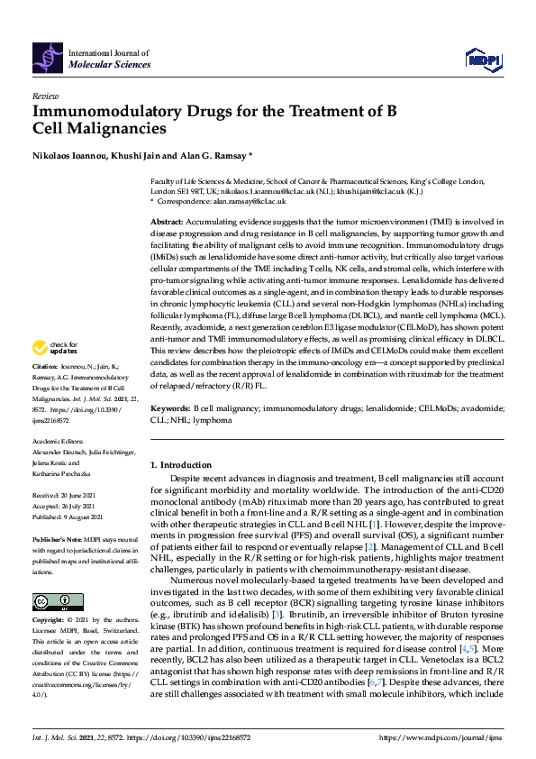 (PDF) Immunomodulatory Drugs for the Treatment of B Cell Malignancies
