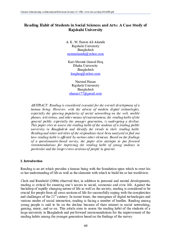 (PDF) Reading Habit of Students in Social Sciences and Arts: A Case ...
