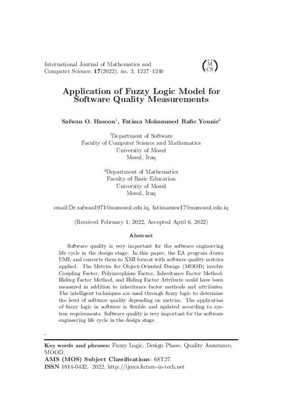 (PDF) Application of Fuzzy Logic Model for Software Quality Measurements