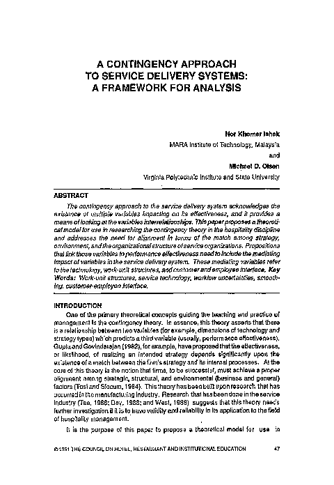(PDF) A Contingency Approach to Service Delivery Systems: A Framework ...