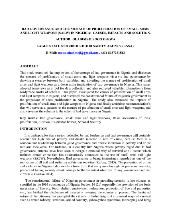 (DOC) BAD GOVERNANCE AND PROLIFERATION OF SMALL ARMS AND LIGHT WEAPONS ...